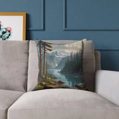 Canvas Pillow - Peaceful River Flowing Through the Pine Trees From The Mountains Above - Home Decor