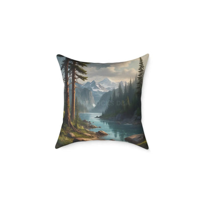 Canvas Pillow - Peaceful River Flowing Through the Pine Trees From The Mountains Above - 18’’ × 18’’ - Home Decor