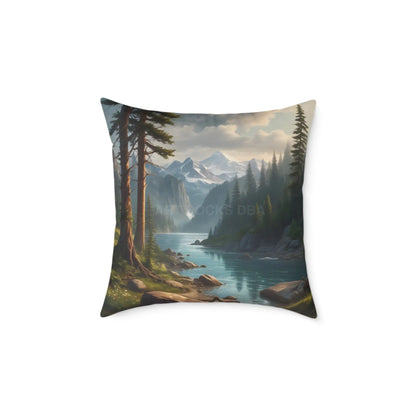 Canvas Pillow - Peaceful River Flowing Through the Pine Trees From The Mountains Above - 20’’ × 20’’ - Home Decor
