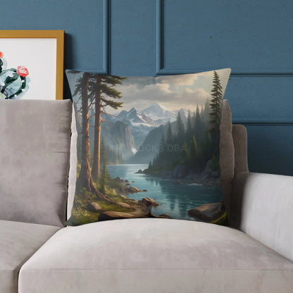 Canvas Pillow - Peaceful River Flowing Through the Pine Trees From The Mountains Above - Home Decor