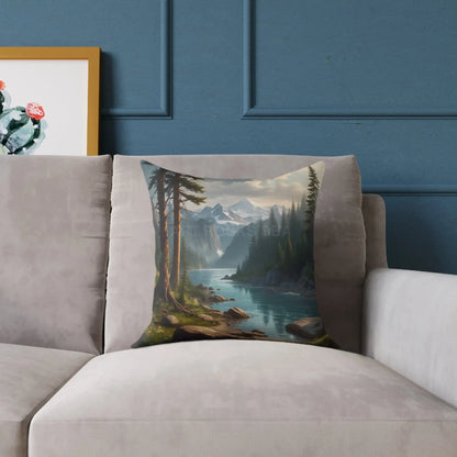 Canvas Pillow - Peaceful River Flowing Through the Pine Trees From The Mountains Above - Home Decor