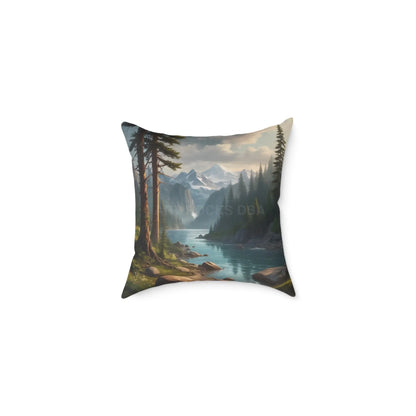 Canvas Pillow - Peaceful River Flowing Through the Pine Trees From The Mountains Above - 16’’ × 16’’ - Home Decor