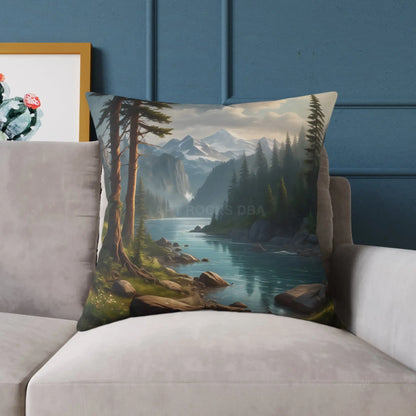 Canvas Pillow - Peaceful River Flowing Through the Pine Trees From The Mountains Above - Home Decor