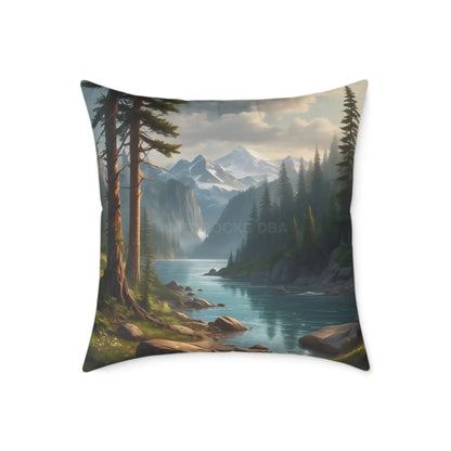 Canvas Pillow - Peaceful River Flowing Through the Pine Trees From The Mountains Above - 24’’ × 24’’ - Home Decor