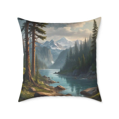 Canvas Pillow - Peaceful River Flowing Through the Pine Trees From The Mountains Above - 26’’ × 26’’ - Home Decor