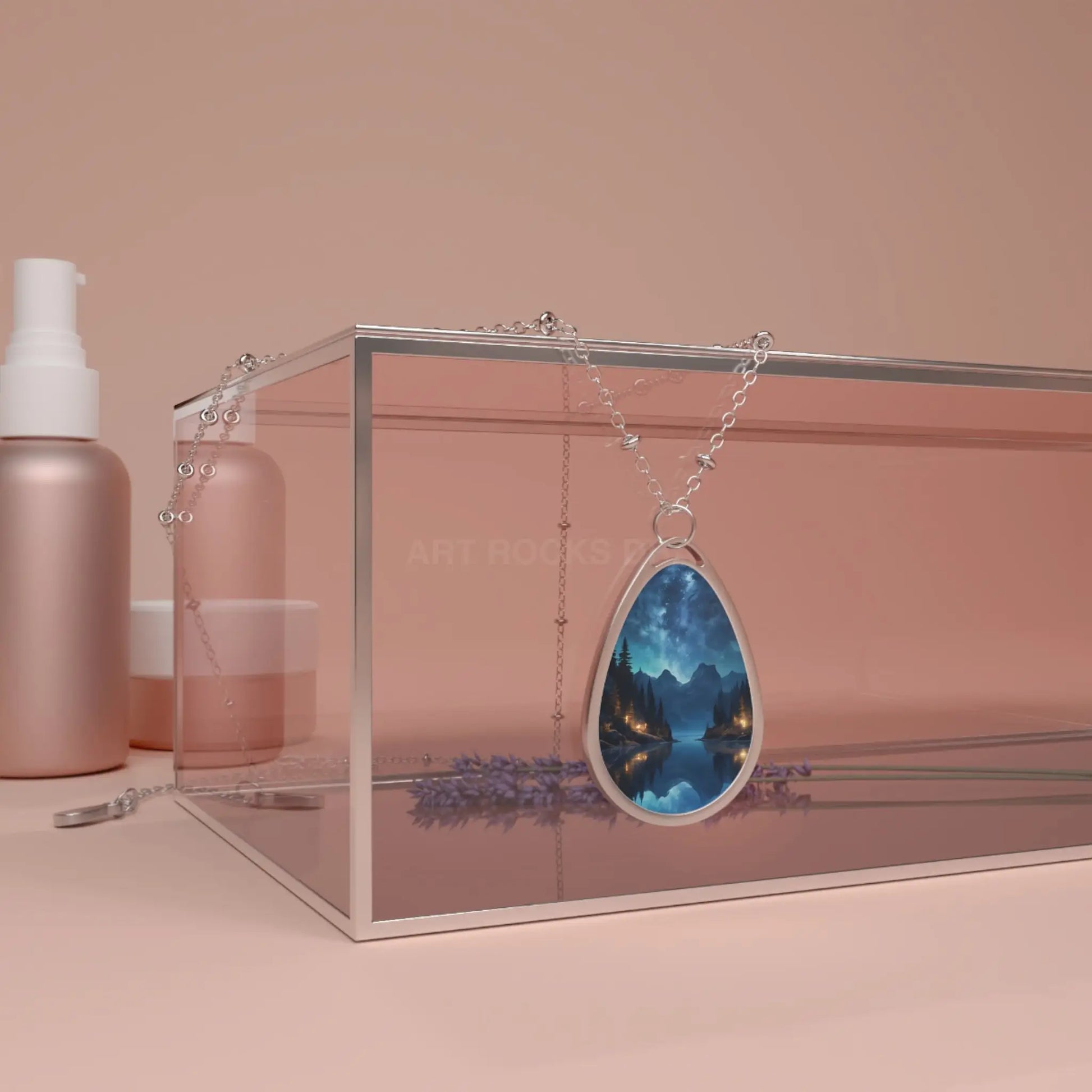 Celestial Lake Oval Necklace — Night Sky Landscape Teardrop Pendant - One Size / Silver - Accessories