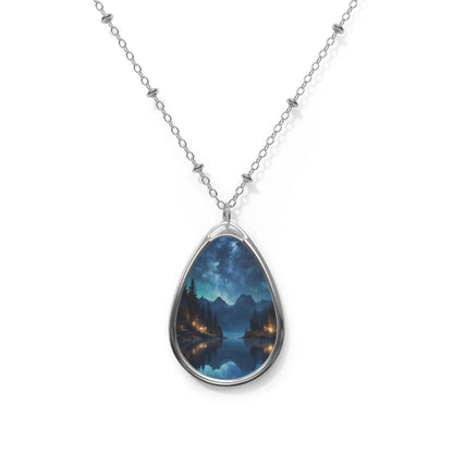 Celestial Lake Oval Necklace — Night Sky Landscape Teardrop Pendant - One Size / Silver - Accessories