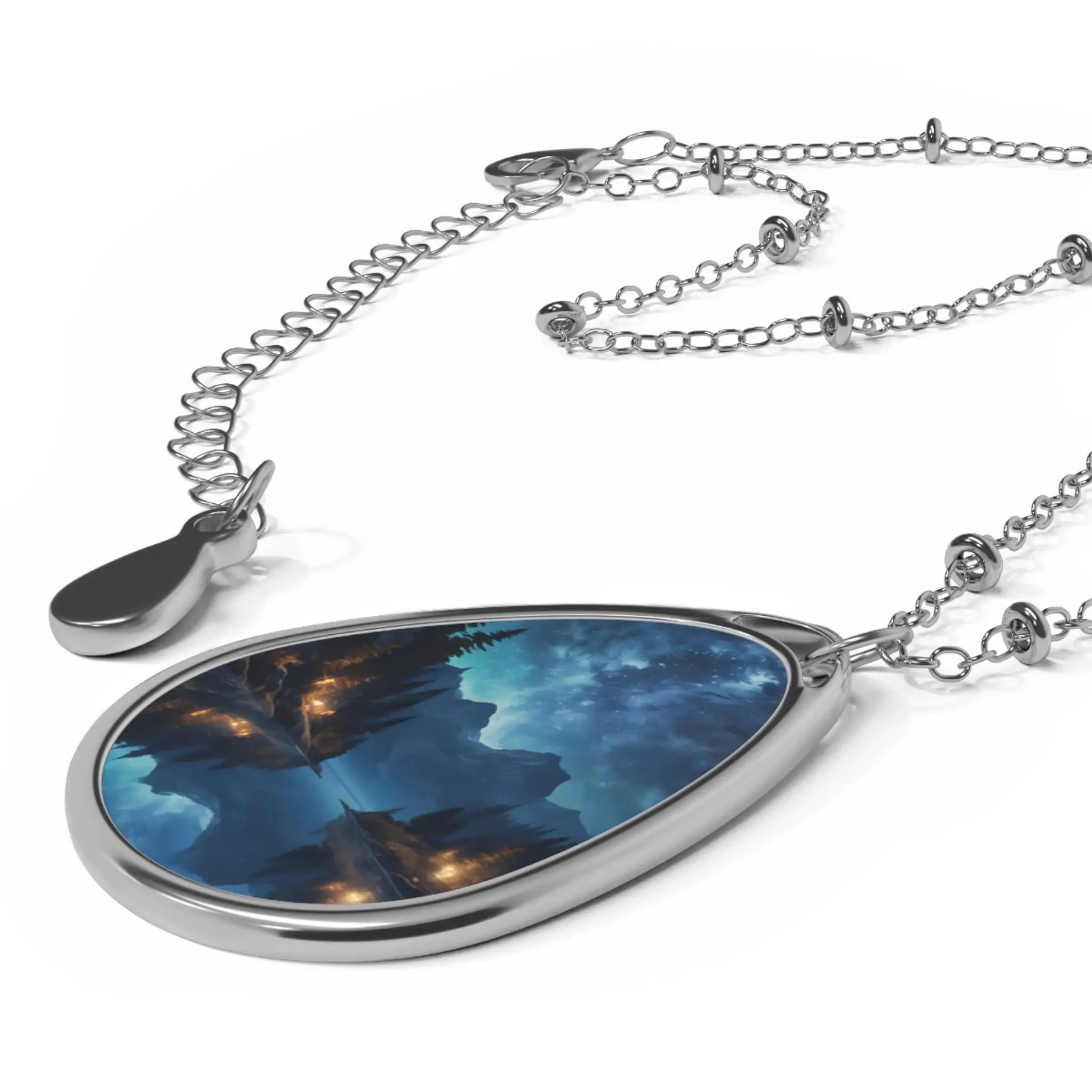 Celestial Lake Oval Necklace — Night Sky Landscape Teardrop Pendant - One Size / Silver - Accessories