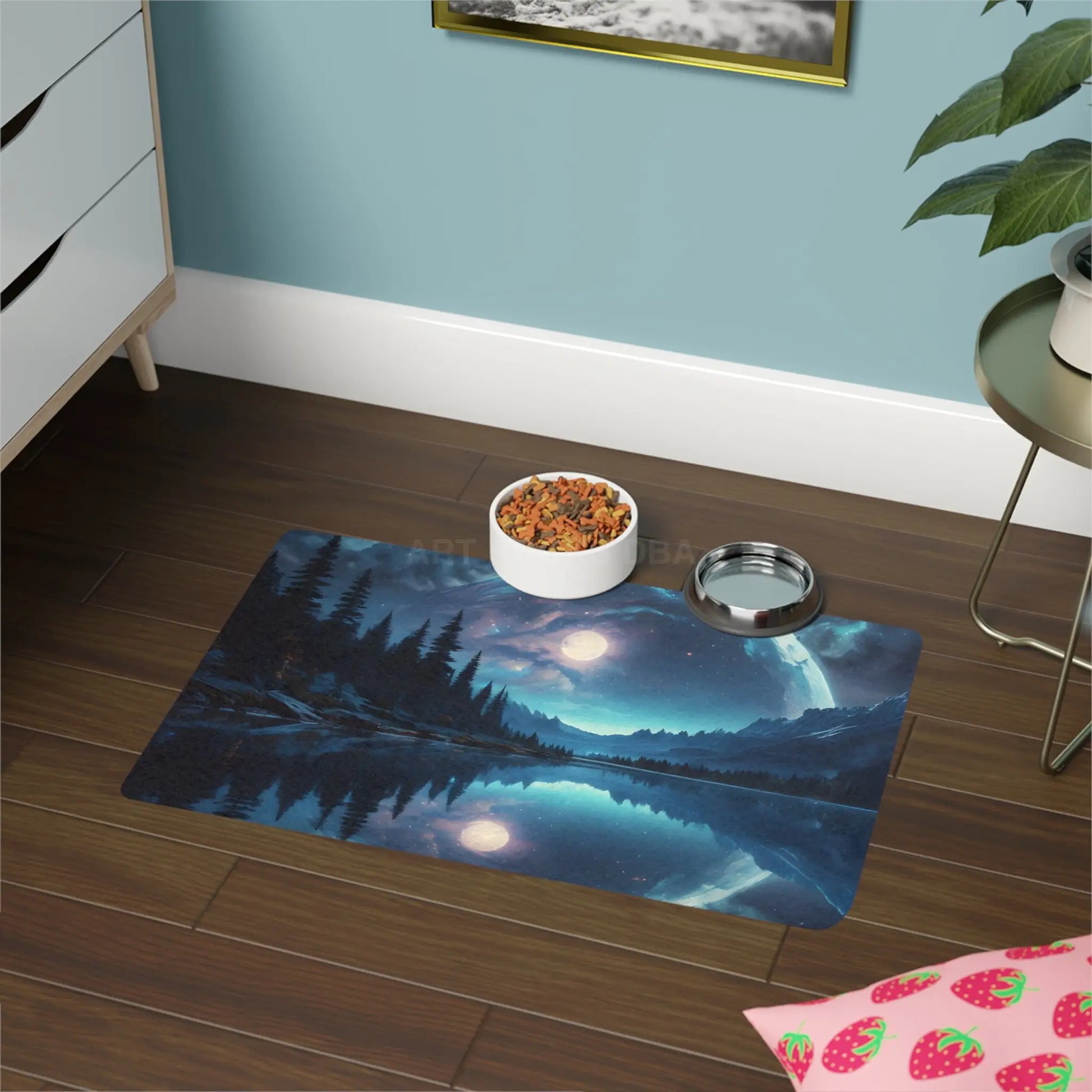 Celestial Lake Pet Food Mat (12x18) – Moonlit Forest Feeding Mat for Dogs & Cats - 12’’ × 18’’ / Rectangle - Pets