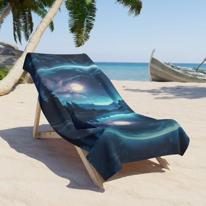 Celestial Reflection Beach Towel — Moonlit Lake Landscape - Home Decor