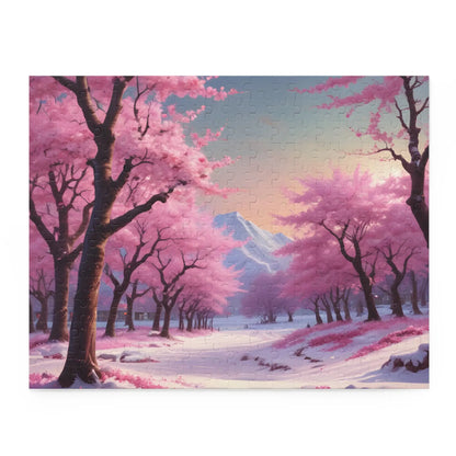 Cherry Blossom Snowscape Puzzle — Scenic 120/252/500-Piece Jigsaw - 14’’ × 11’’ (252 pcs) - Puzzle