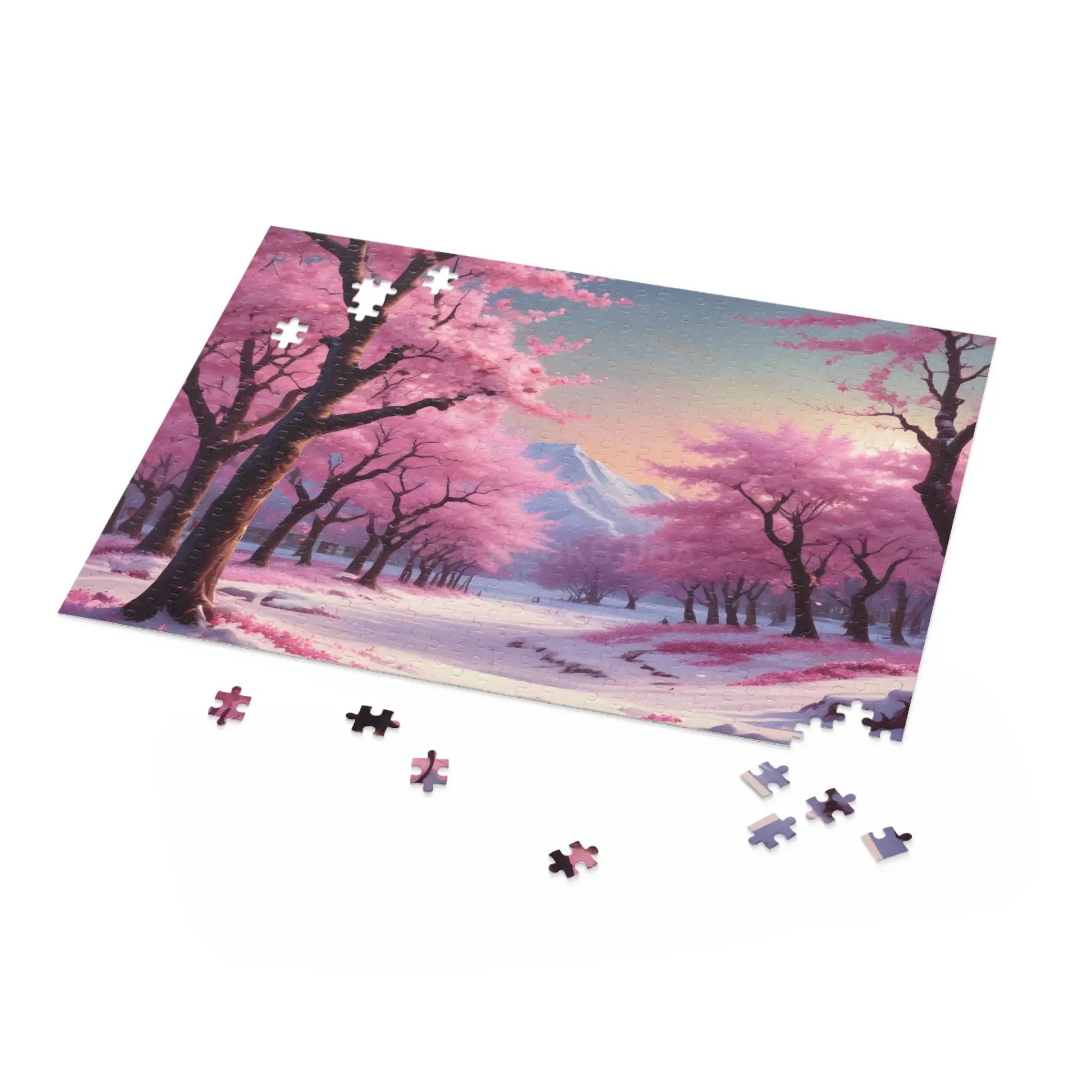 Cherry Blossom Snowscape Puzzle — Scenic 120/252/500-Piece Jigsaw - Puzzle