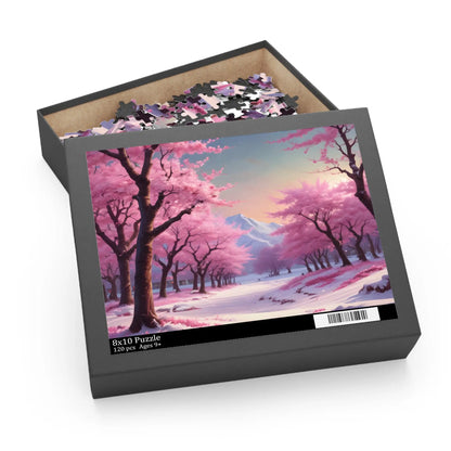 Cherry Blossom Snowscape Puzzle — Scenic 120/252/500-Piece Jigsaw - 10’’ × 8’’ (120 pcs) - Puzzle
