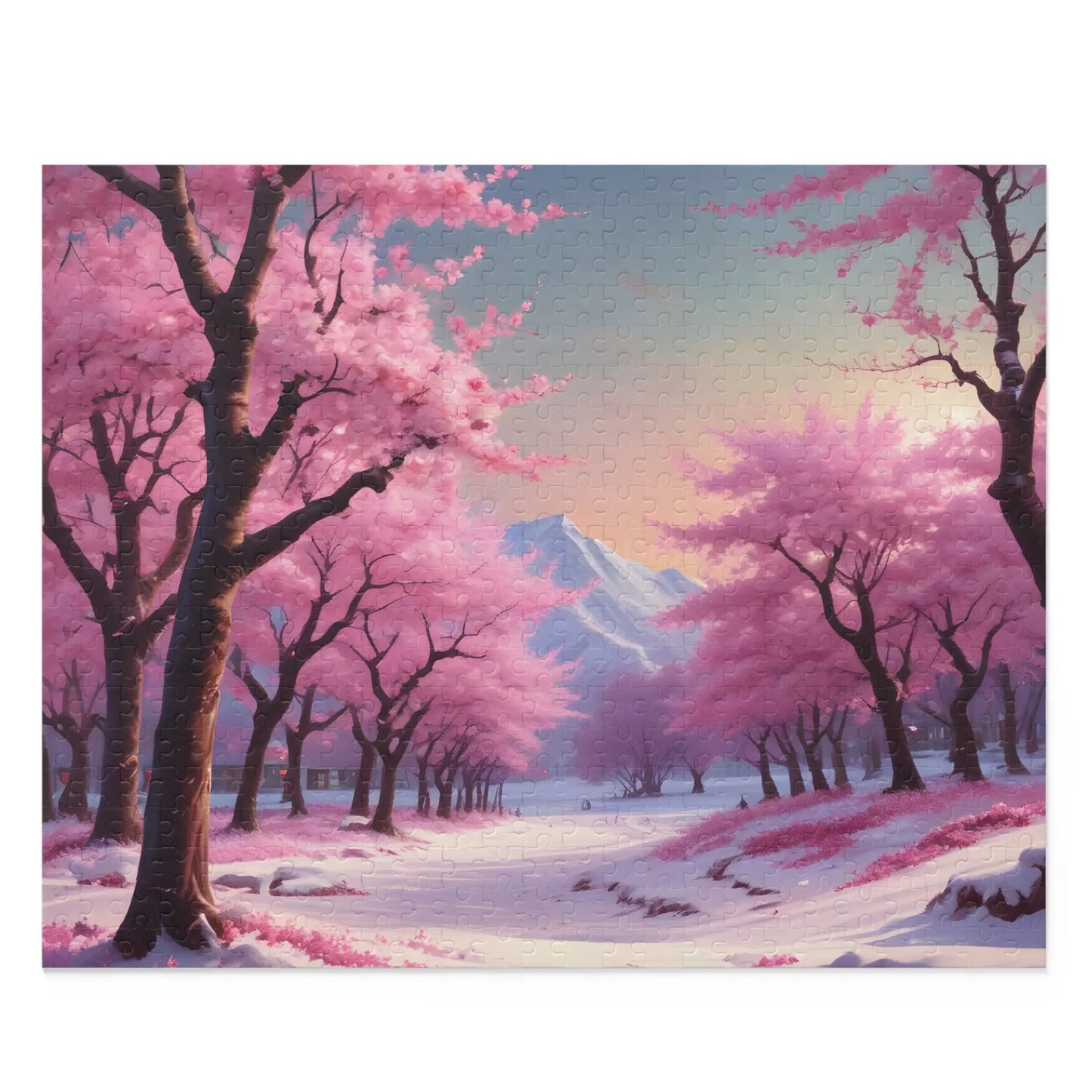 Cherry Blossom Snowscape Puzzle — Scenic 120/252/500-Piece Jigsaw - 20’’ × 16’’ (500 pcs) - Puzzle