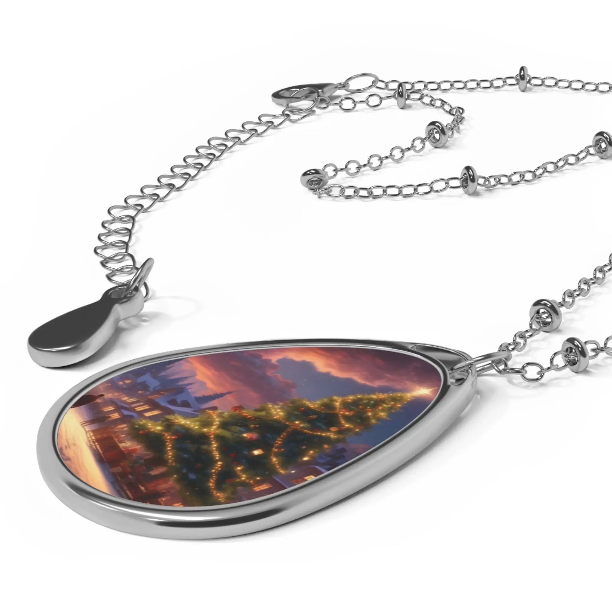 Christmas Tree Oval Necklace — Holiday Scenic Pendant - One Size / Silver - Accessories