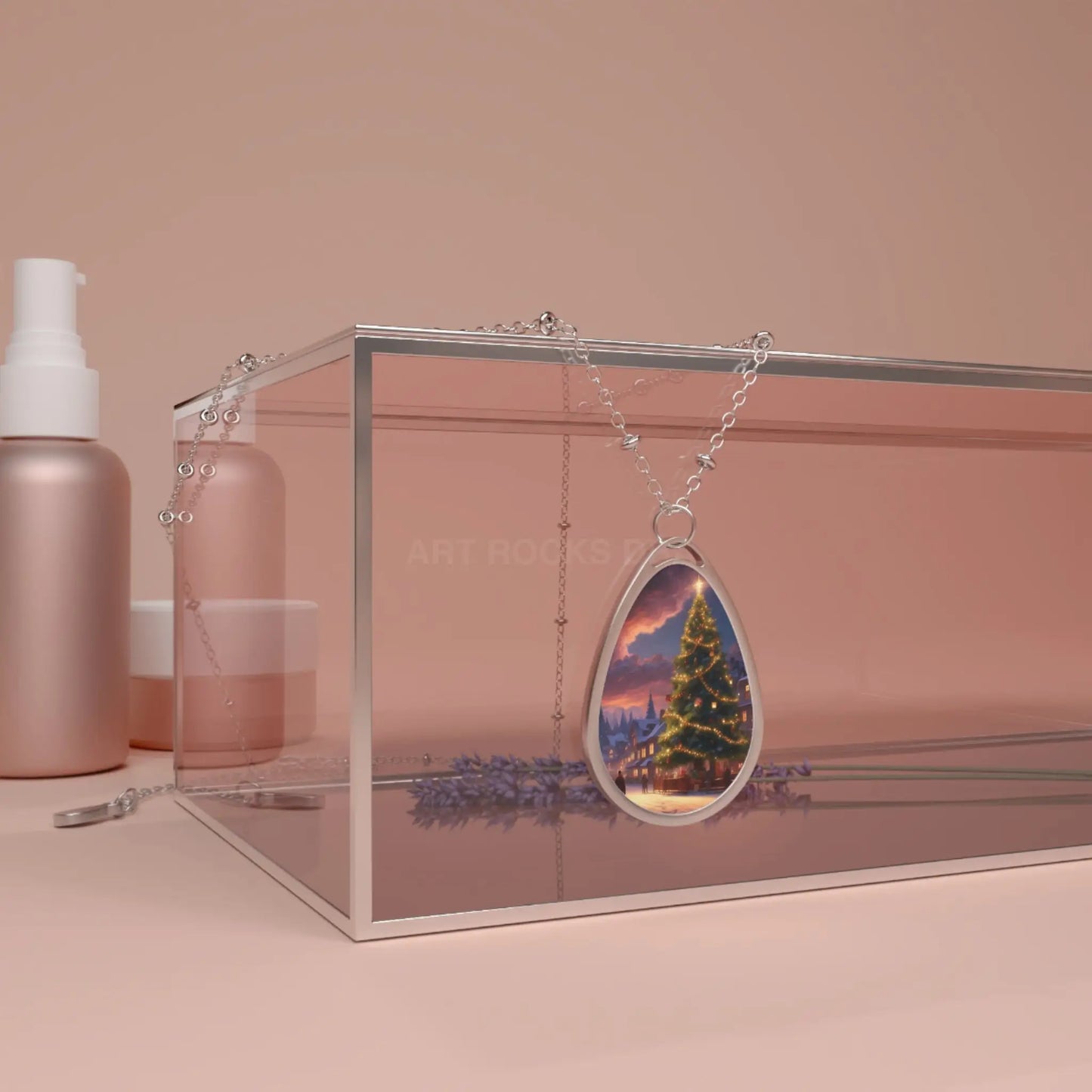 Christmas Tree Oval Necklace — Holiday Scenic Pendant - One Size / Silver - Accessories