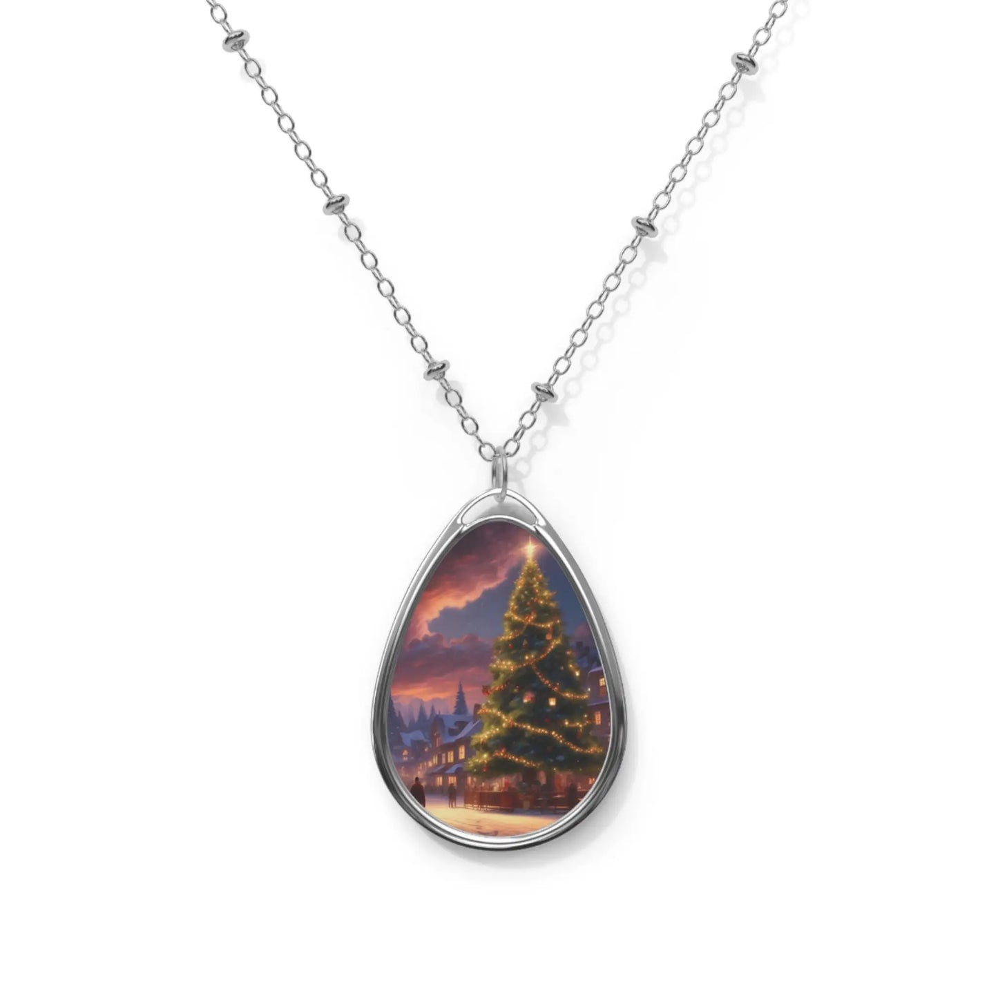 Christmas Tree Oval Necklace — Holiday Scenic Pendant - One Size / Silver - Accessories