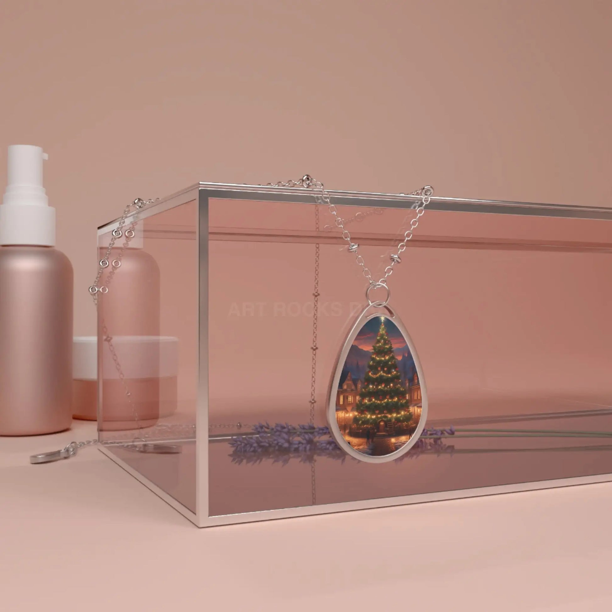 Christmas Tree Oval Necklace — Holiday Silver Pendant Necklace - One Size / Silver - Accessories