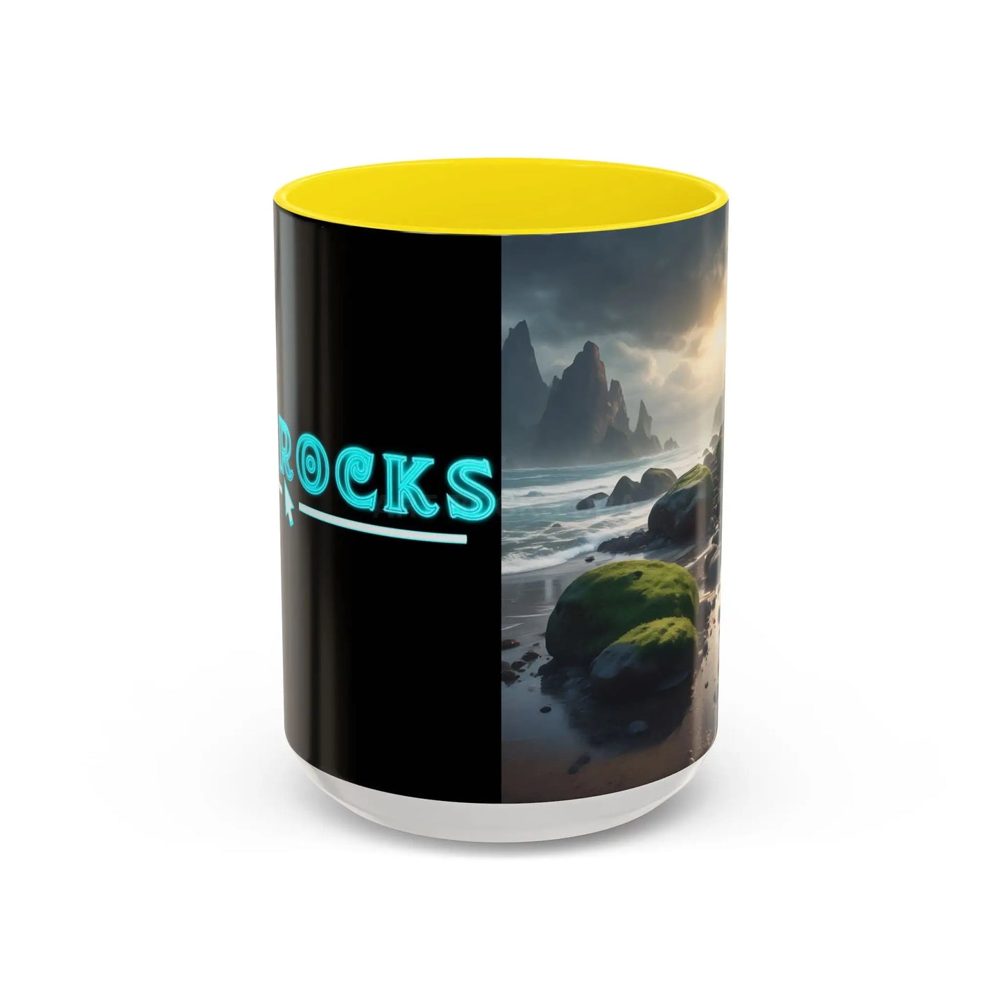 Coastal Coffee Mug — Ocean Rocks Landscape Accent Mug (11/15 oz) - 15oz / Yellow - Mug
