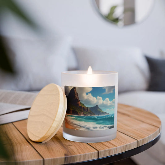 Coastal Escape Frosted Glass Candle — 11oz Beach Landscape Scented Candle - Vanilla / 11oz - Home Decor
