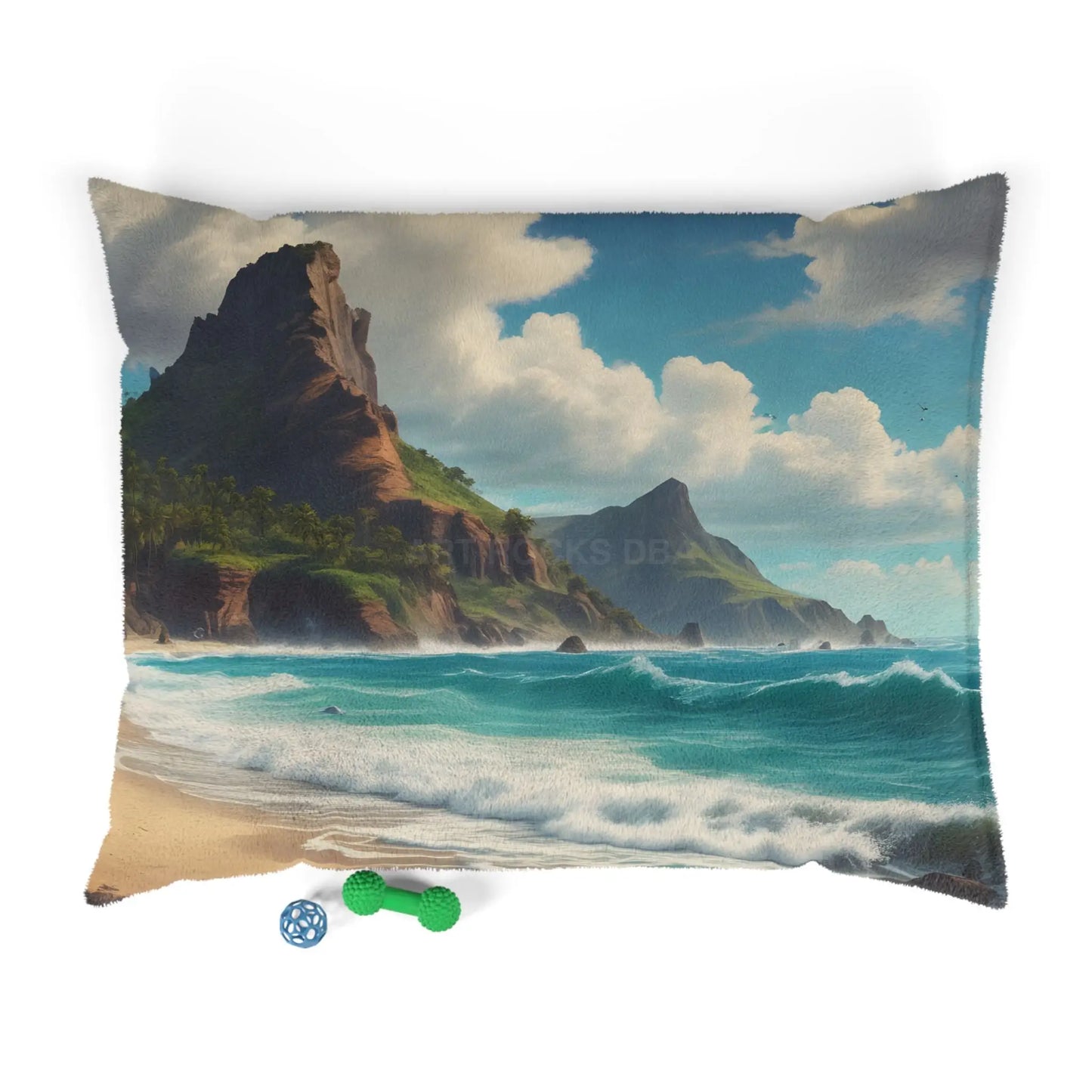 Coastal Escape Pet Bed — Ocean Beach Scenic Dog & Cat Pillow - 50’’ × 40’’ - Pets