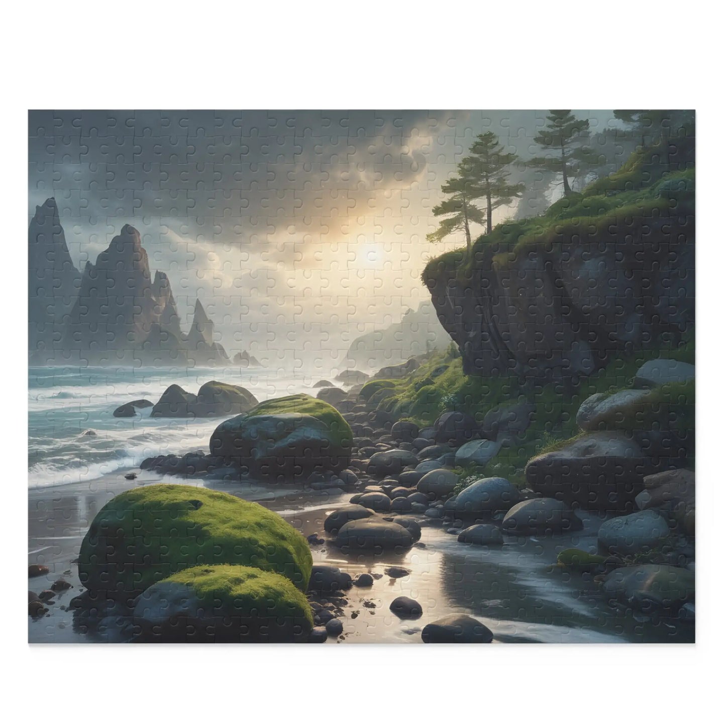 Coastal Mossy Rock Beach Jigsaw Puzzle — (120/252/500 pieces) - 20’’ × 16’’ (500 pcs) - Puzzle
