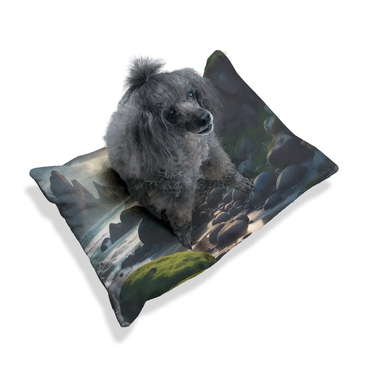 Coastal Retreat Pet Bed — Scenic Rocky Shore Print for Dogs & Cats - Pets