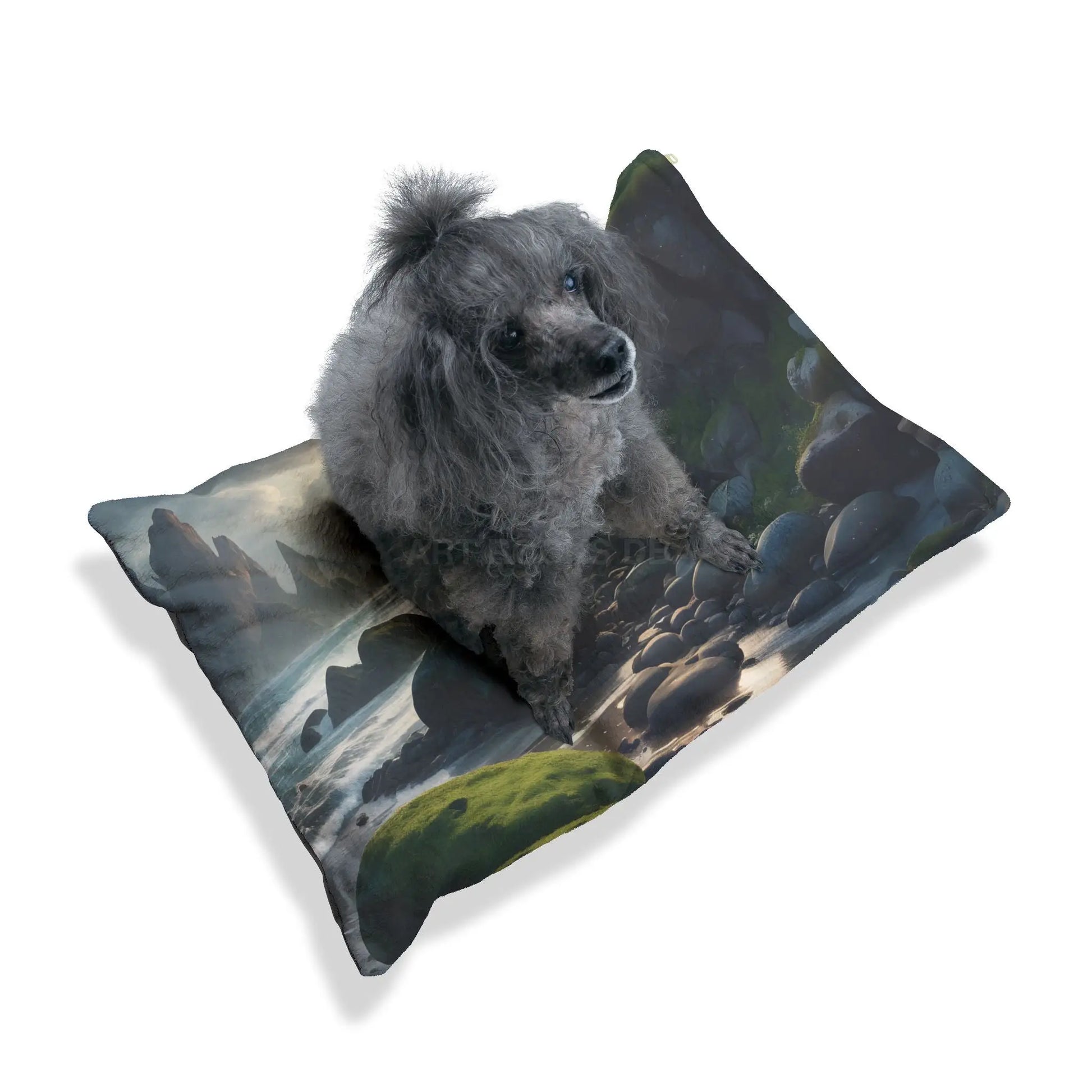 Coastal Retreat Pet Bed — Scenic Rocky Shore Print for Dogs & Cats - Pets