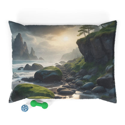 Coastal Retreat Pet Bed — Scenic Rocky Shore Print for Dogs & Cats - 40’’ × 30’’ - Pets