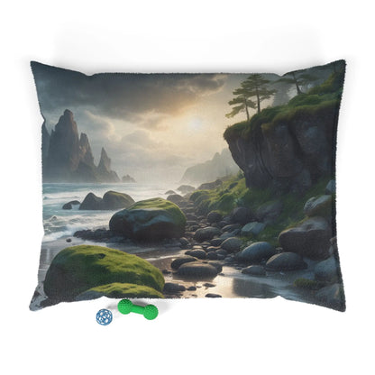 Coastal Retreat Pet Bed — Scenic Rocky Shore Print for Dogs & Cats - 50’’ × 40’’ - Pets