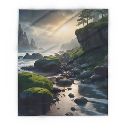 Coastal Serenity Mossy Rock Beach Fleece Blanket - 50’’ × 60’’ - Home Decor