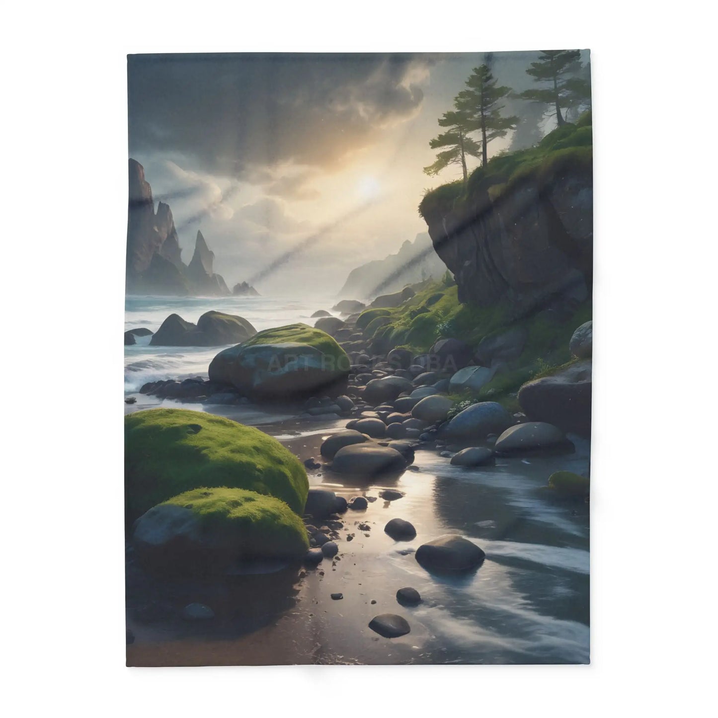 Coastal Serenity Mossy Rock Beach Fleece Blanket - 60’’ × 80’’ - Home Decor
