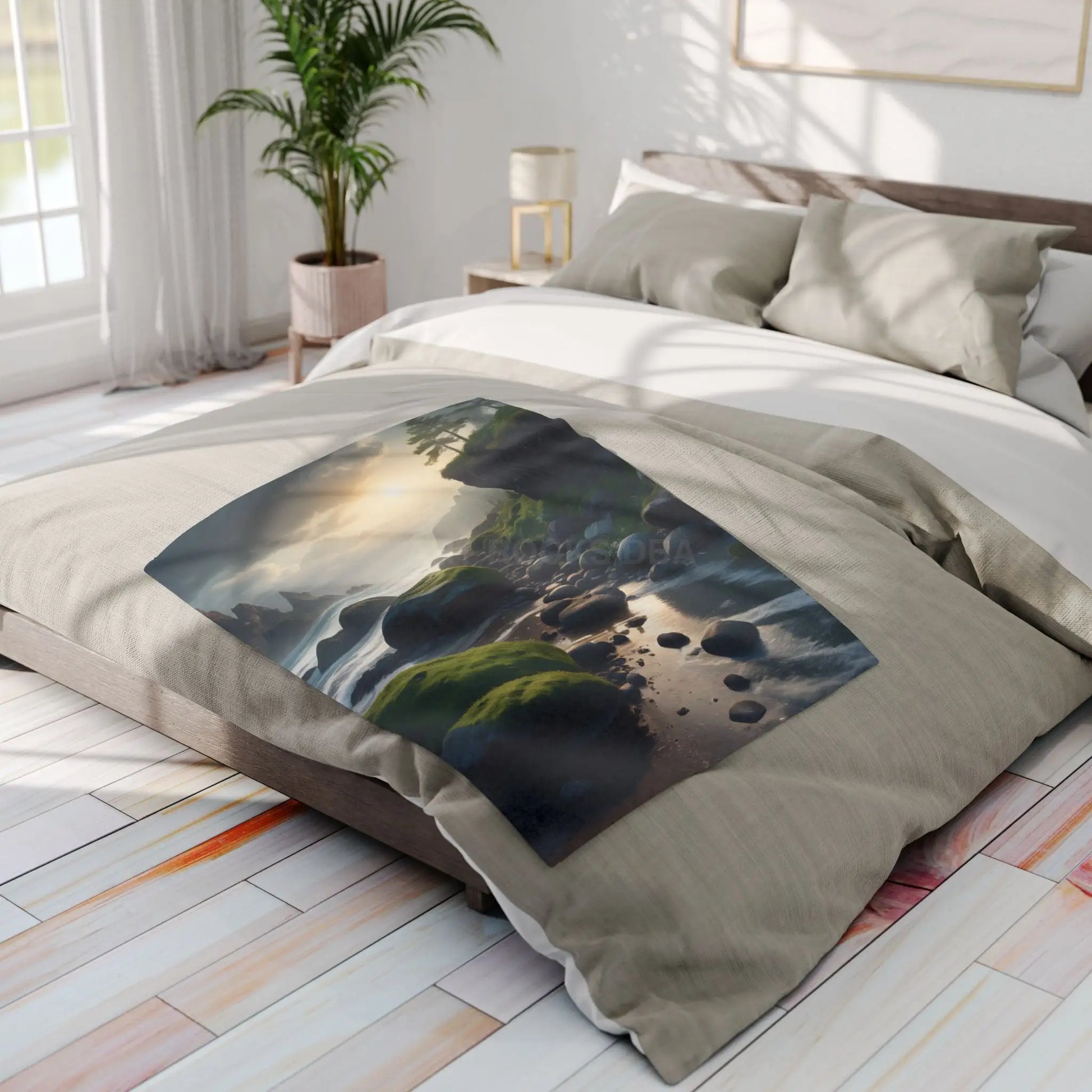 Coastal Serenity Mossy Rock Beach Fleece Blanket - Home Decor