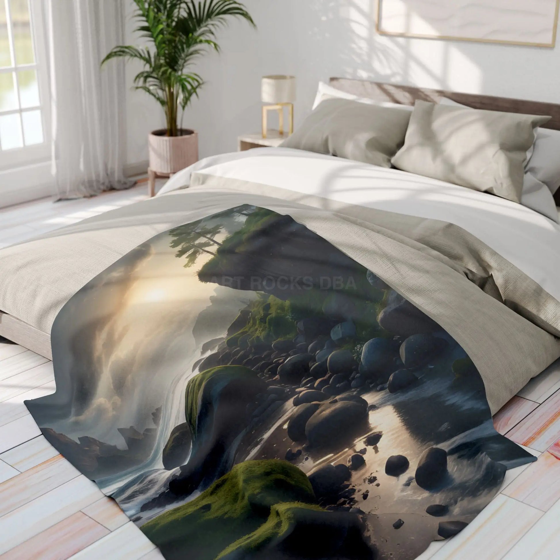 Coastal Serenity Mossy Rock Beach Fleece Blanket - Home Decor