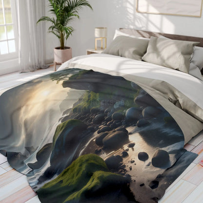 Coastal Serenity Mossy Rock Beach Fleece Blanket - Home Decor