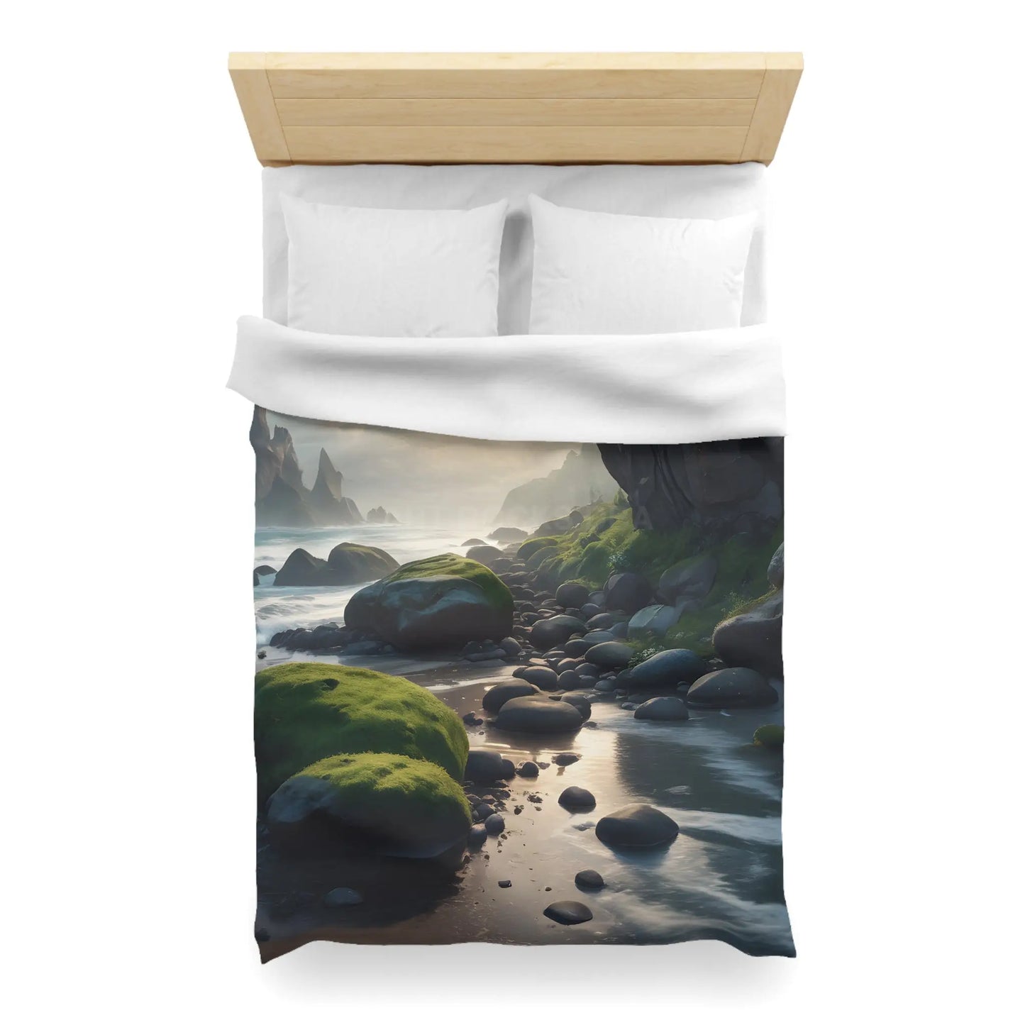 Coastal Serenity Mossy Rock Beach Microfiber Duvet Cover - Nature-Inspired Bedding for Tranquil Spaces - Home Decor