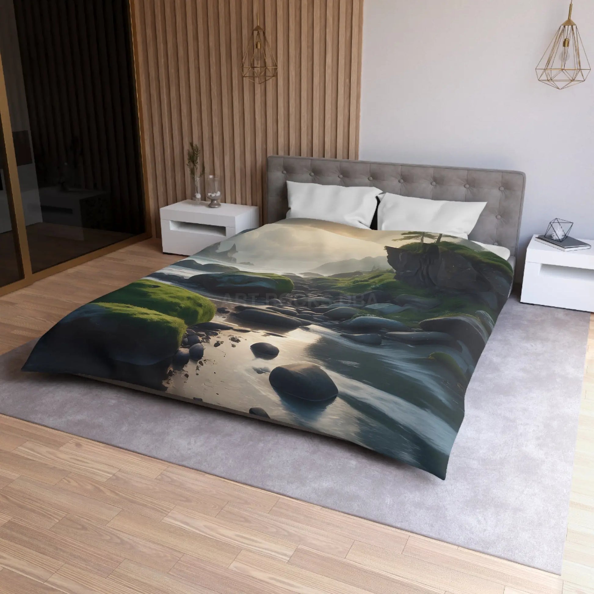 Coastal Serenity Mossy Rock Beach Microfiber Duvet Cover - Nature-Inspired Bedding for Tranquil Spaces - Home Decor