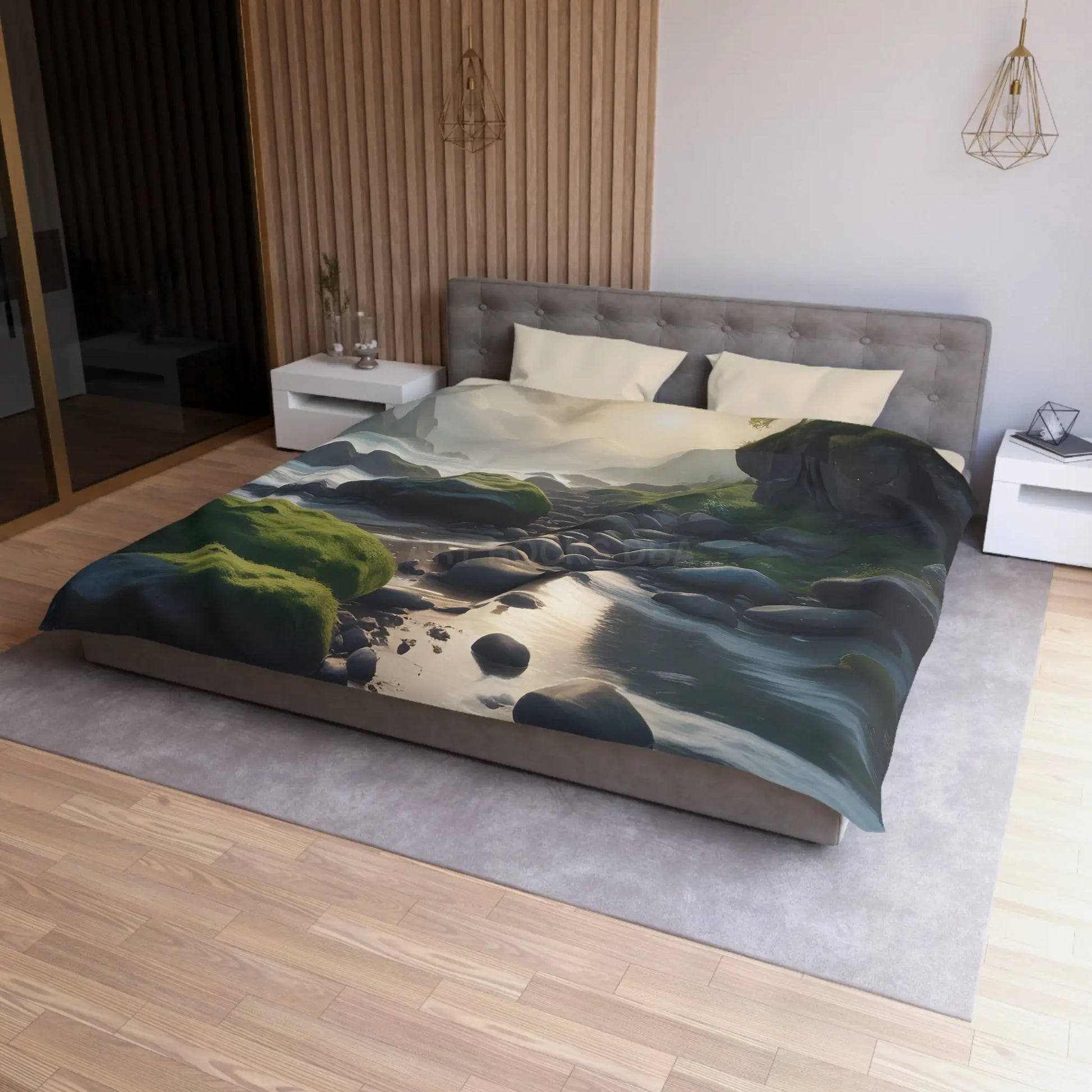 Coastal Serenity Mossy Rock Beach Microfiber Duvet Cover - Nature-Inspired Bedding for Tranquil Spaces - Home Decor