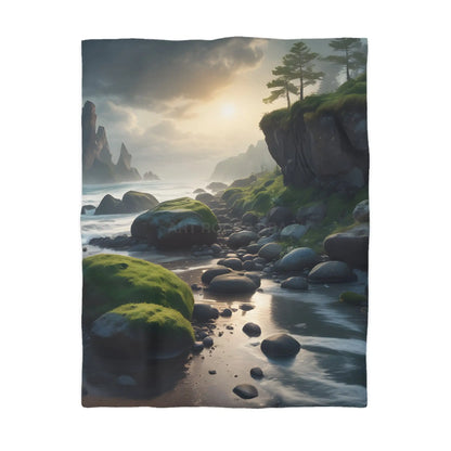 Coastal Serenity Mossy Rock Beach Microfiber Duvet Cover - Nature-Inspired Bedding for Tranquil Spaces - Home Decor