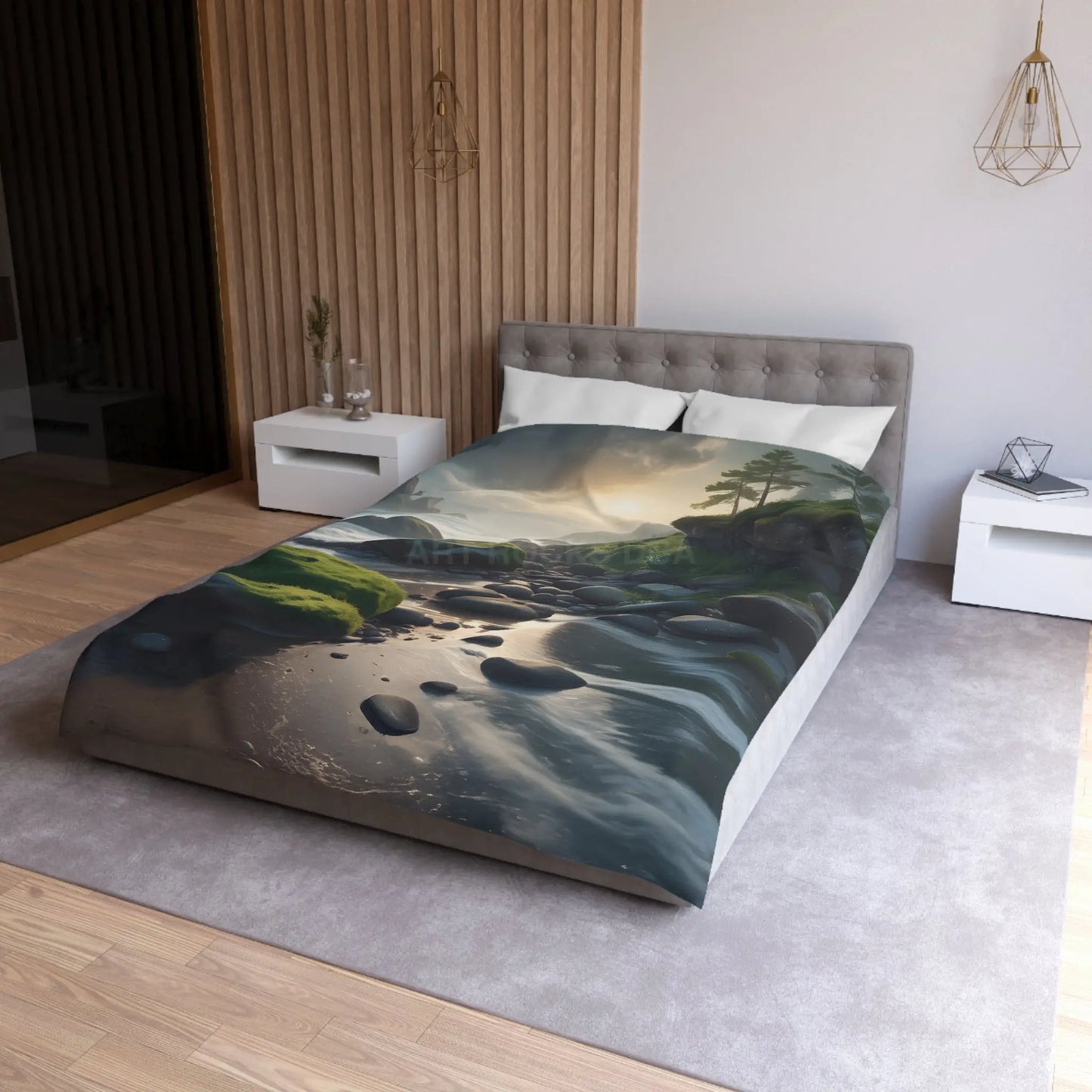 Coastal Serenity Mossy Rock Beach Microfiber Duvet Cover - Nature-Inspired Bedding for Tranquil Spaces - Home Decor