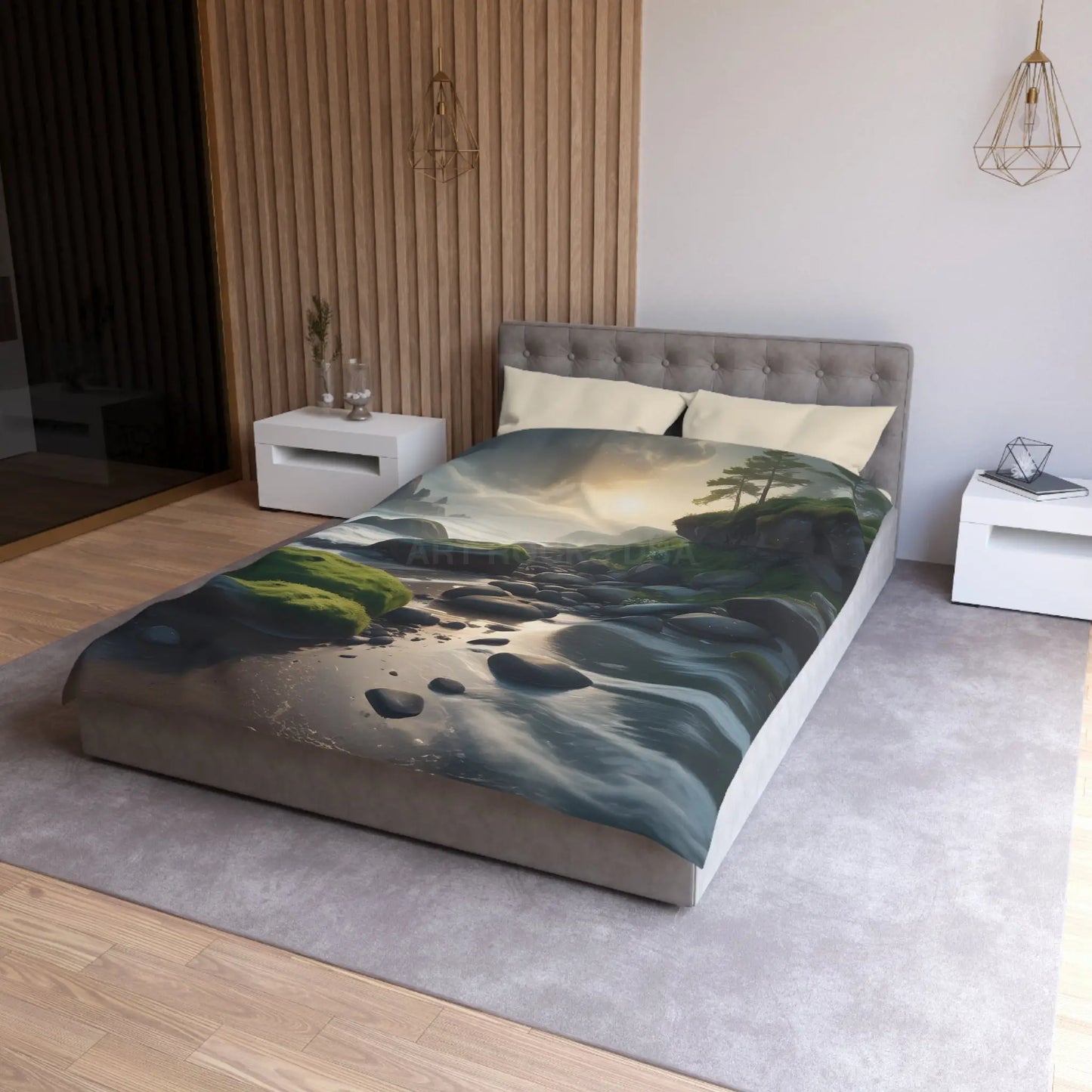 Coastal Serenity Mossy Rock Beach Microfiber Duvet Cover - Nature-Inspired Bedding for Tranquil Spaces - Home Decor