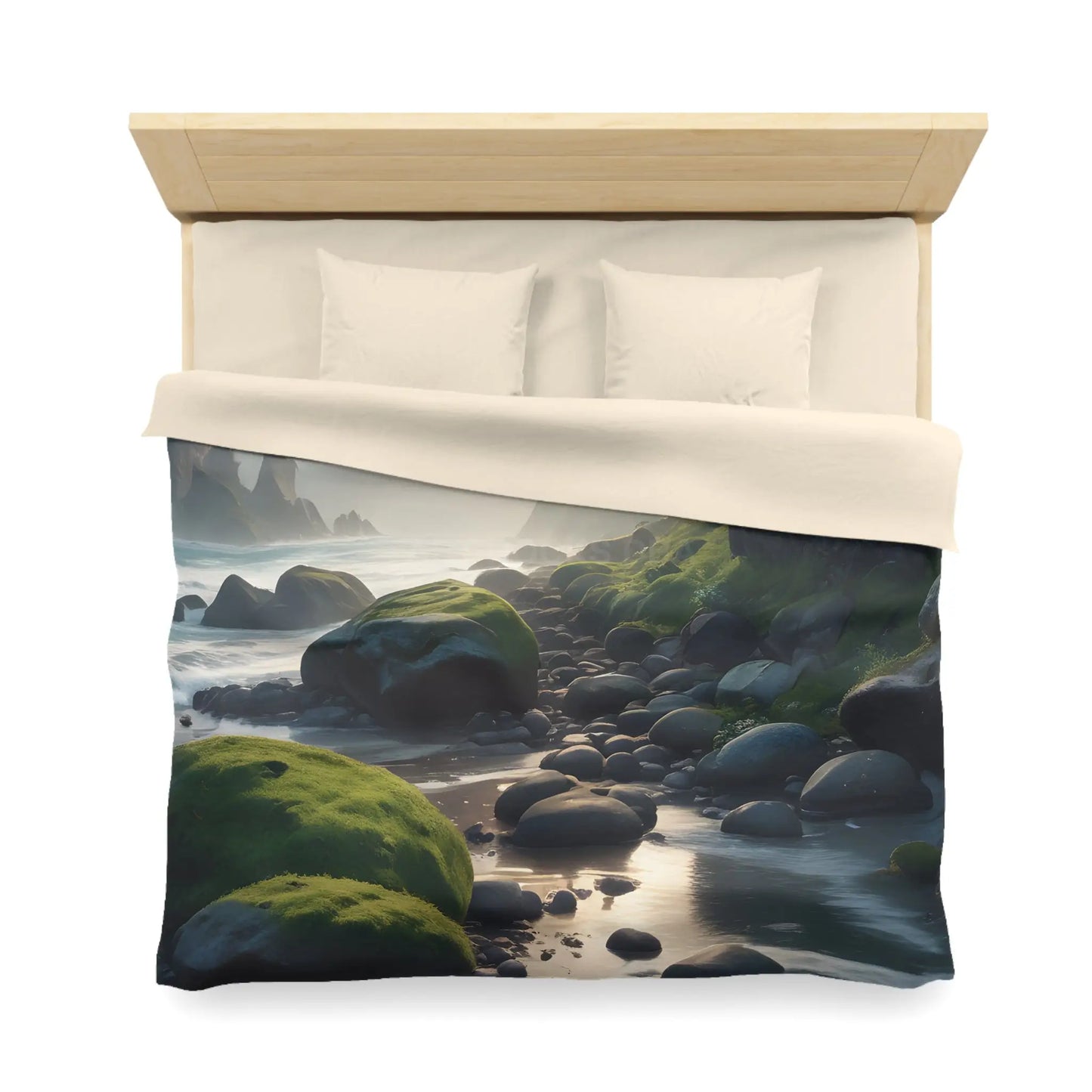 Coastal Serenity Mossy Rock Beach Microfiber Duvet Cover - Nature-Inspired Bedding for Tranquil Spaces - Home Decor