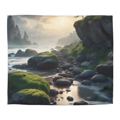 Coastal Serenity Mossy Rock Beach Microfiber Duvet Cover - Nature-Inspired Bedding for Tranquil Spaces - King / Cream