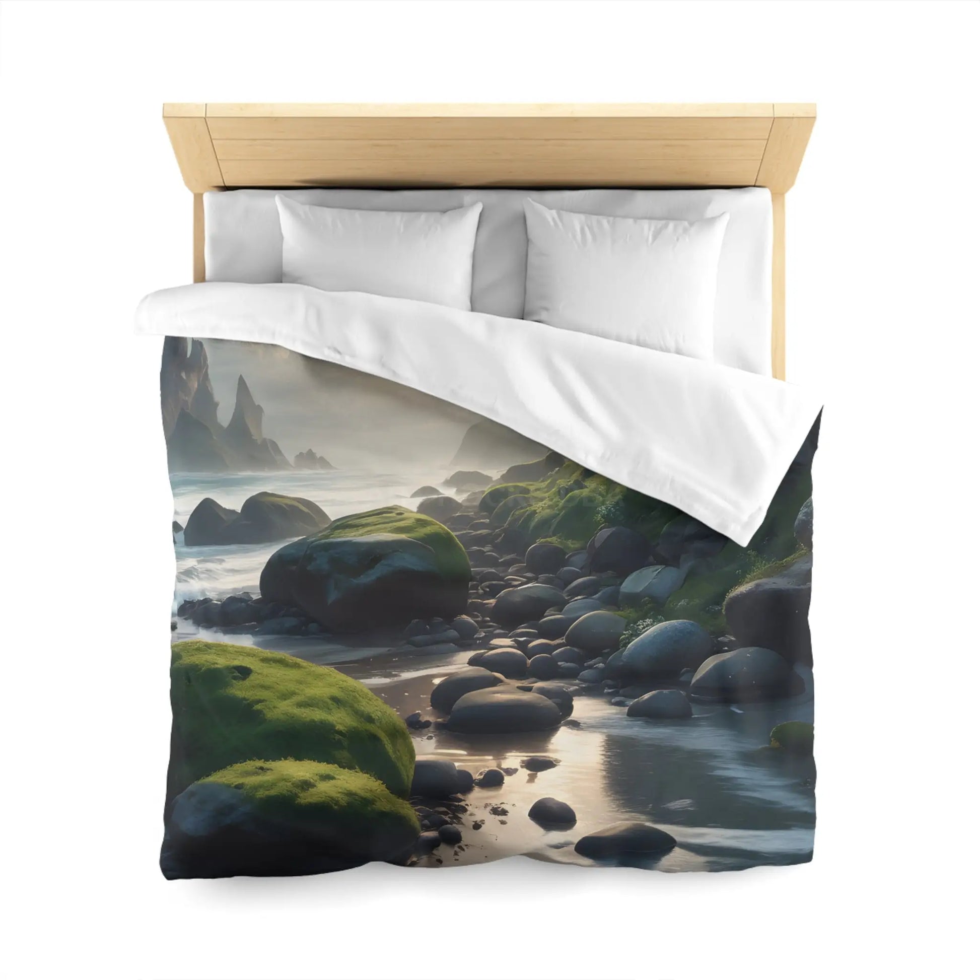 Coastal Serenity Mossy Rock Beach Microfiber Duvet Cover - Nature-Inspired Bedding for Tranquil Spaces - Home Decor