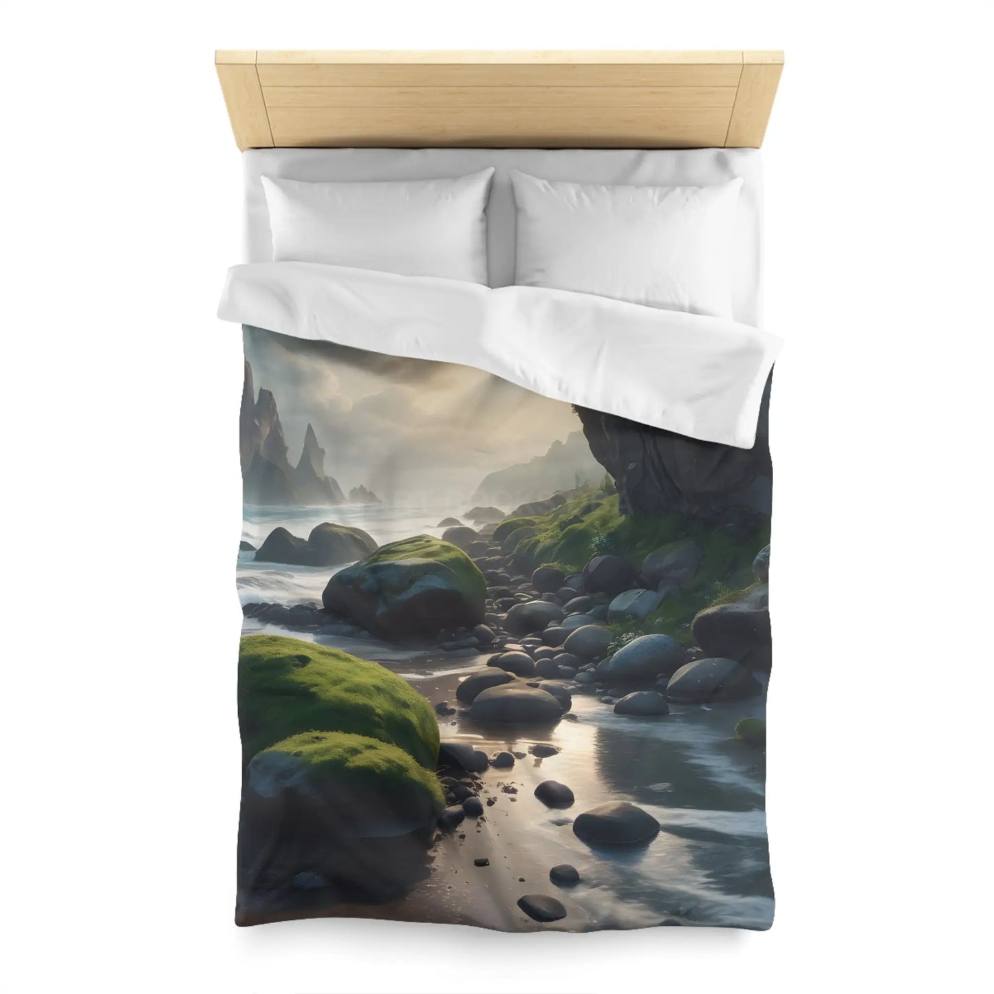 Coastal Serenity Mossy Rock Beach Microfiber Duvet Cover - Nature-Inspired Bedding for Tranquil Spaces - Home Decor