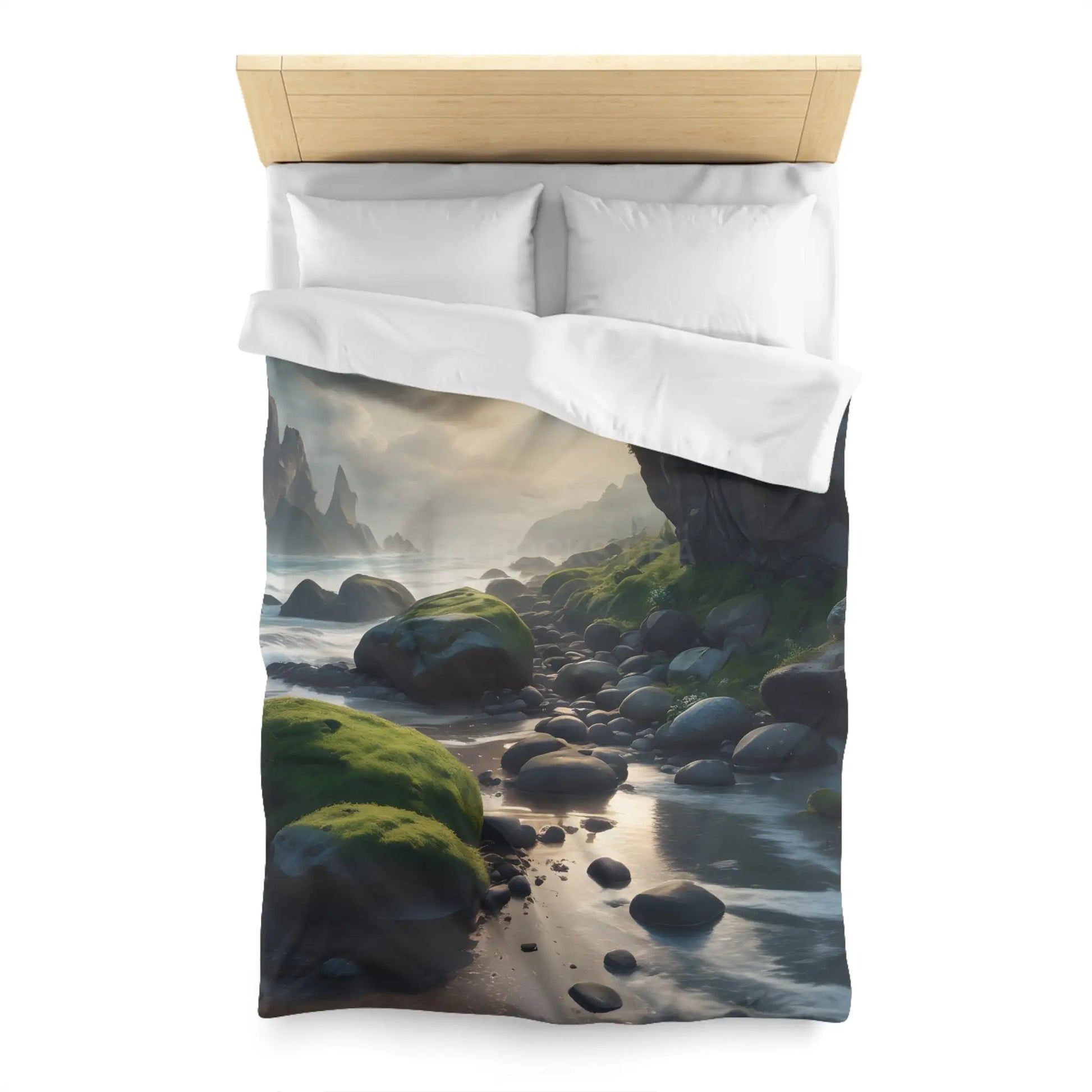 Coastal Serenity Mossy Rock Beach Microfiber Duvet Cover - Nature-Inspired Bedding for Tranquil Spaces - Home Decor