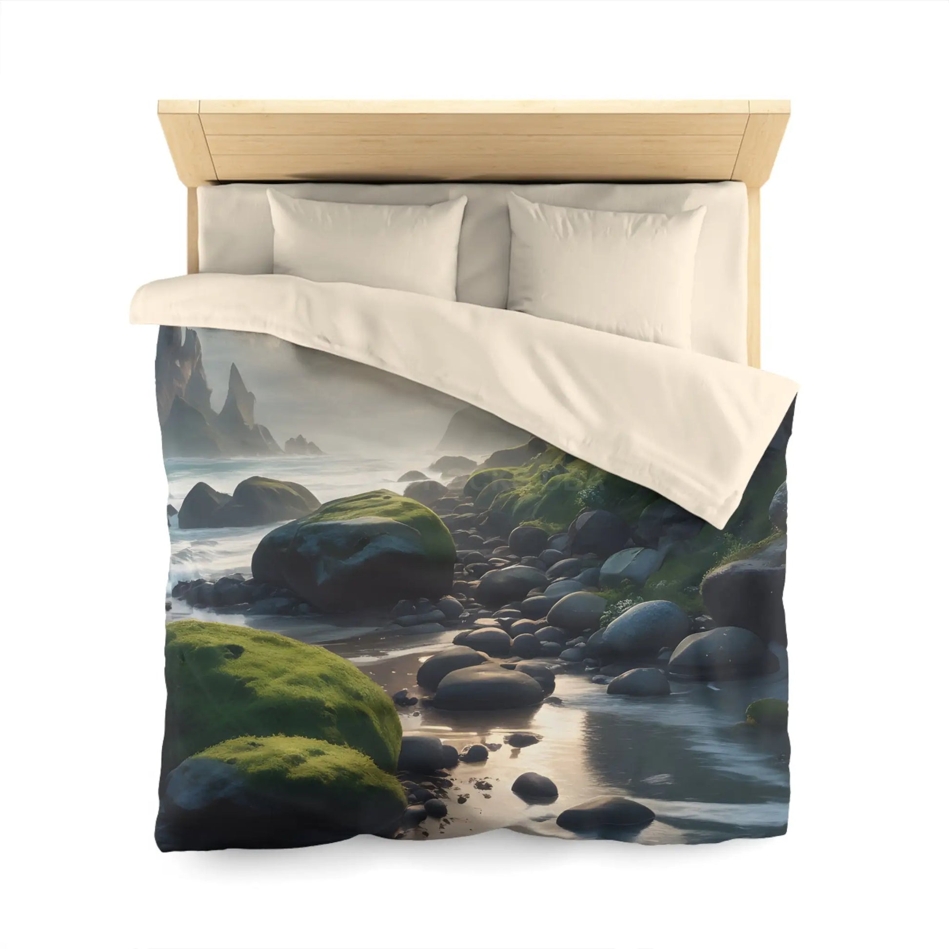 Coastal Serenity Mossy Rock Beach Microfiber Duvet Cover - Nature-Inspired Bedding for Tranquil Spaces - Home Decor