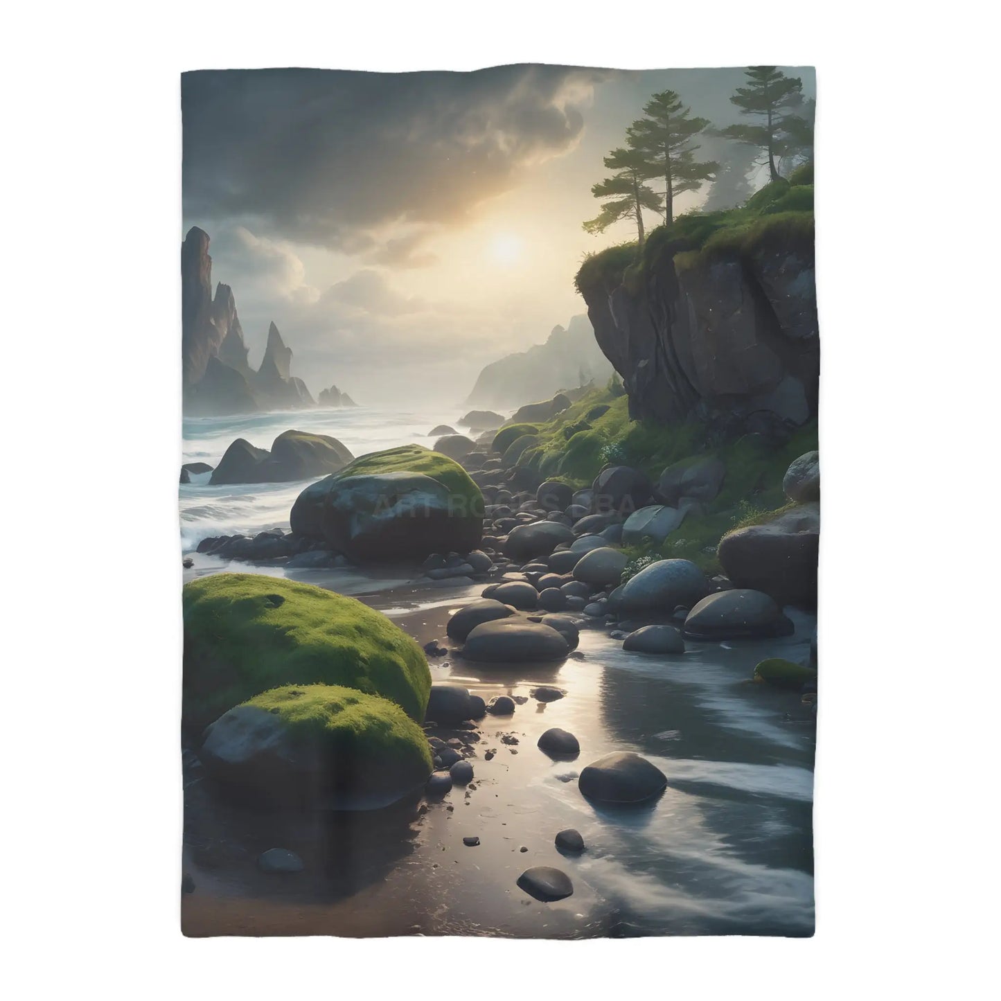 Coastal Serenity Mossy Rock Beach Microfiber Duvet Cover - Nature-Inspired Bedding for Tranquil Spaces - Twin XL