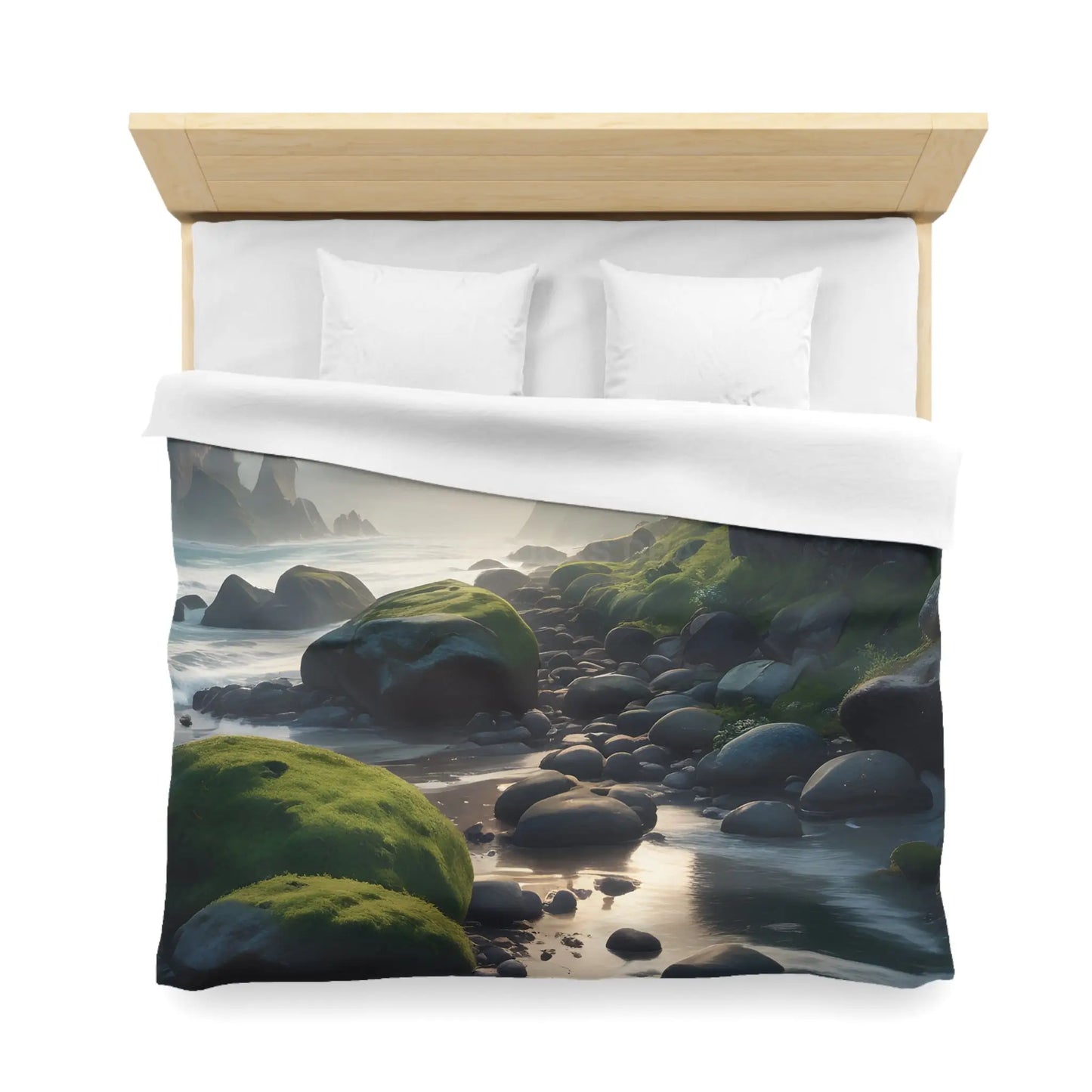 Coastal Serenity Mossy Rock Beach Microfiber Duvet Cover - Nature-Inspired Bedding for Tranquil Spaces - Home Decor
