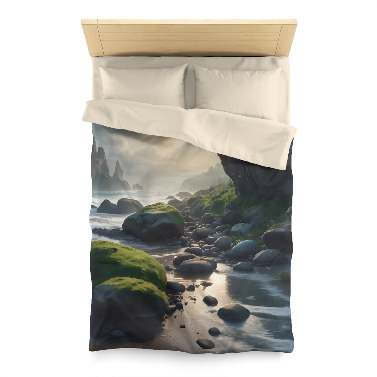 Coastal Serenity Mossy Rock Beach Microfiber Duvet Cover - Nature-Inspired Bedding for Tranquil Spaces - Twin / Cream